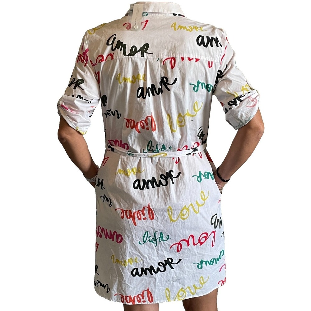 NY and Company Womens White Love Script Button Down Shirt Dress Belted L - Picture 2 of 7
